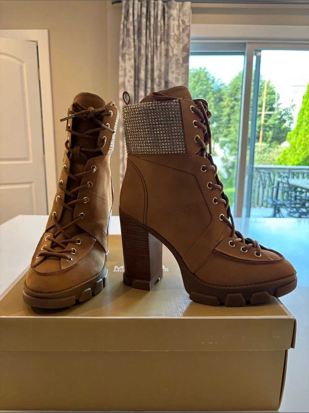 Michael Kors Tan Lace-Up Block Heel Boots with Jeweled Cuff